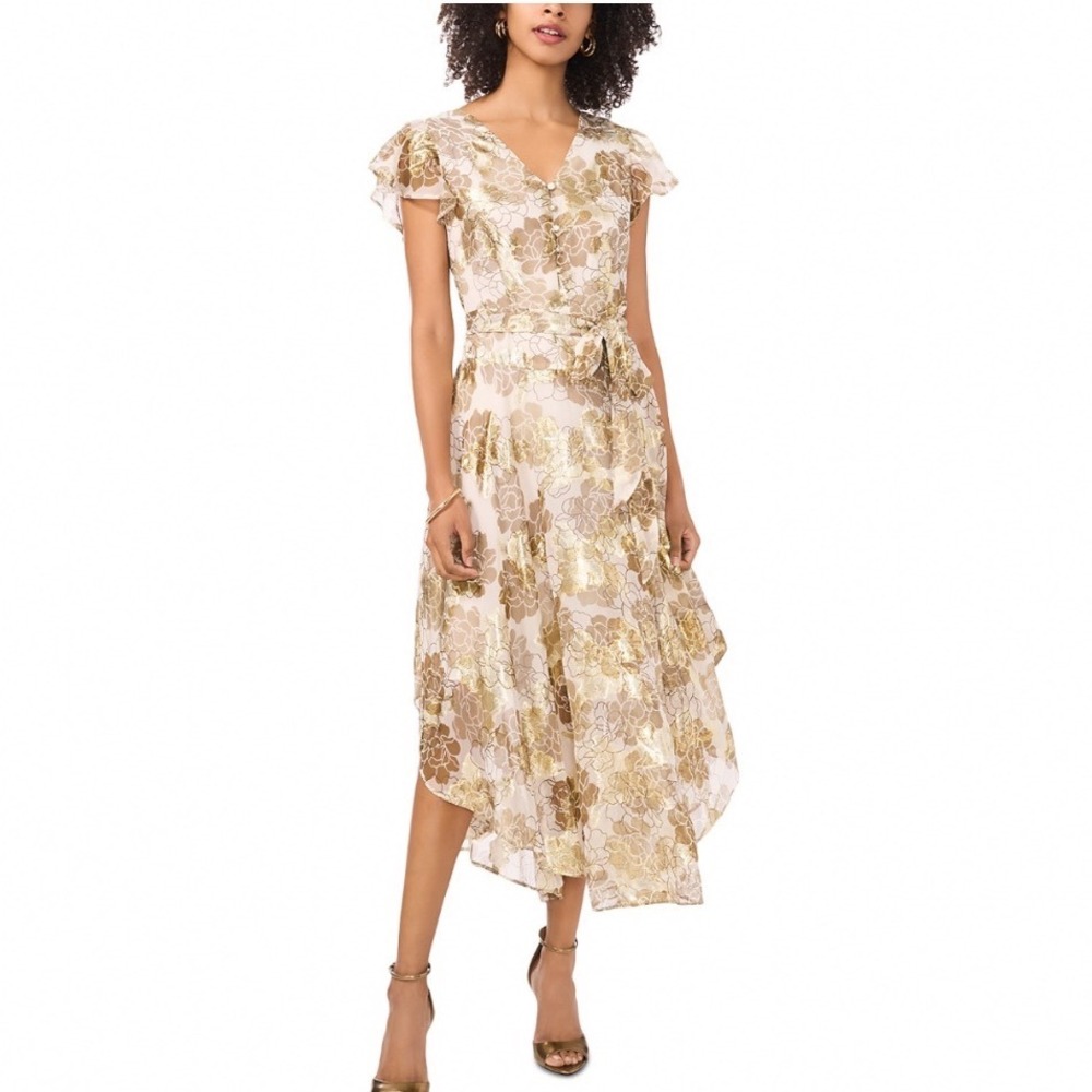 Vince Camuto Gold Floral Flutter Sleeve Asymmetric Midi Dress Turtle Dove Medium